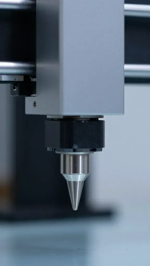 Closeup of a high-precision 3D printer extruder nozzle in action