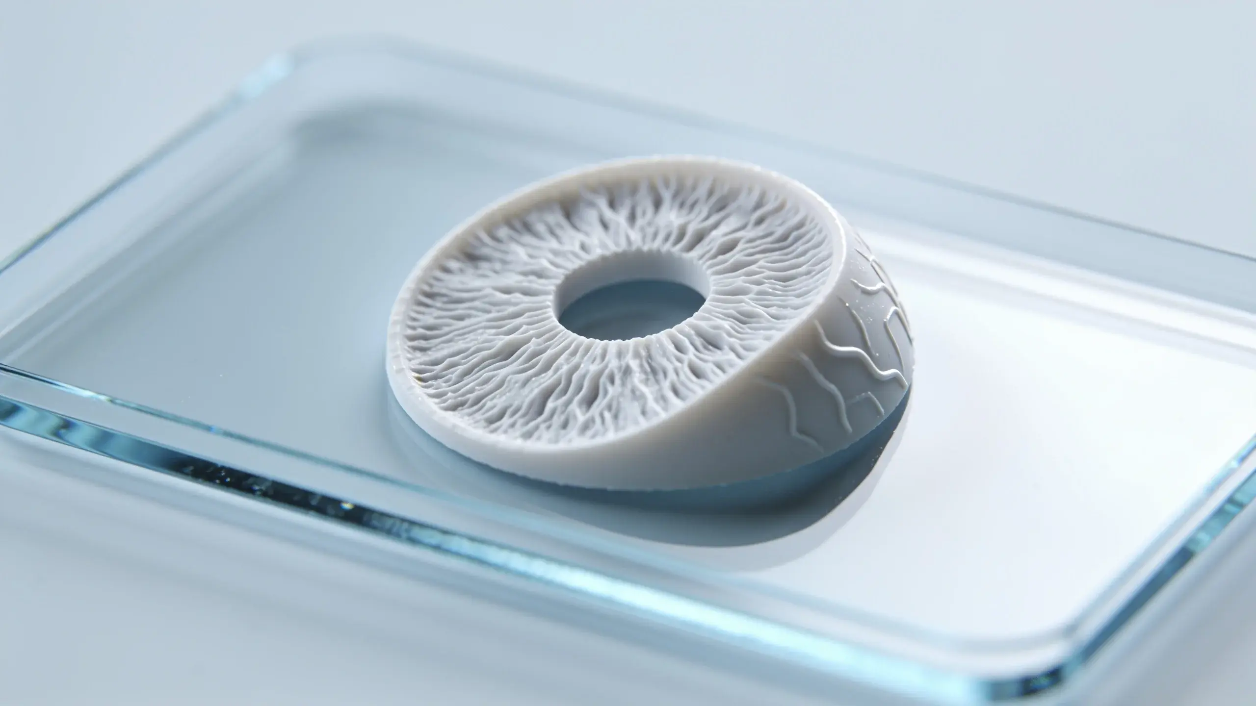 Closeup of a 3D-printed cornea model on sterile lab glass